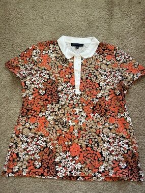 Floral Polo Top with White Collar - Orange, Brown, White
